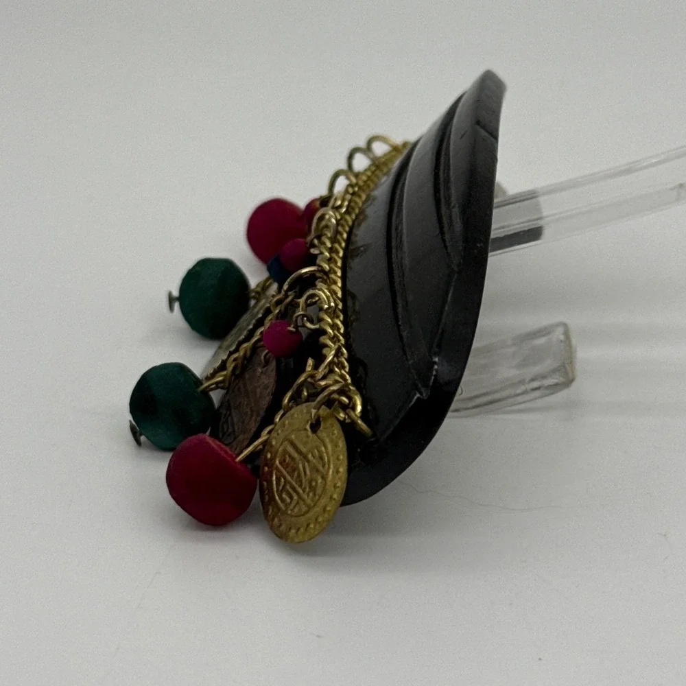 Vintage Boho Oval Hair Barrette with Dangle Coins and Colorful Beads French Clip